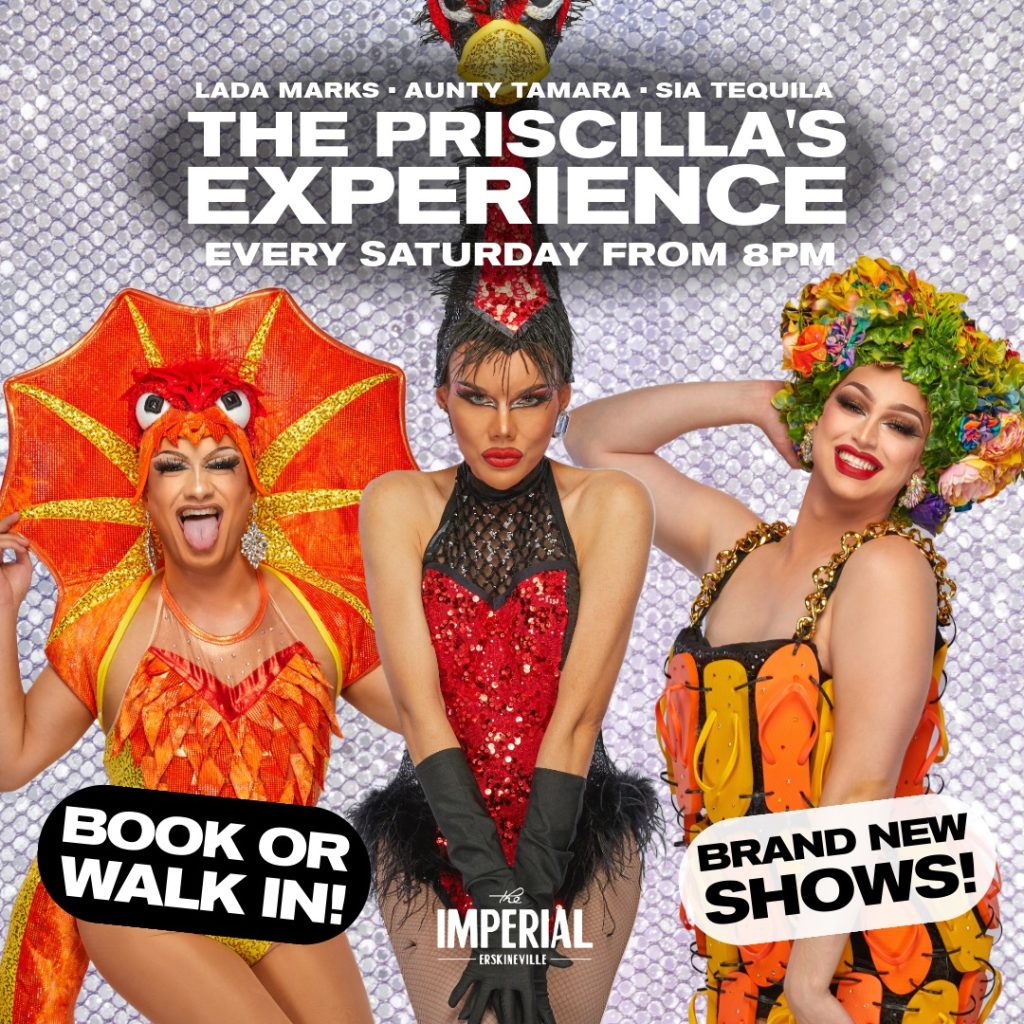 The Priscilla Experience promo poster, featuring the cast dressed as a frill neck lizard, an emu, and in the iconic Priscilla thong dress.